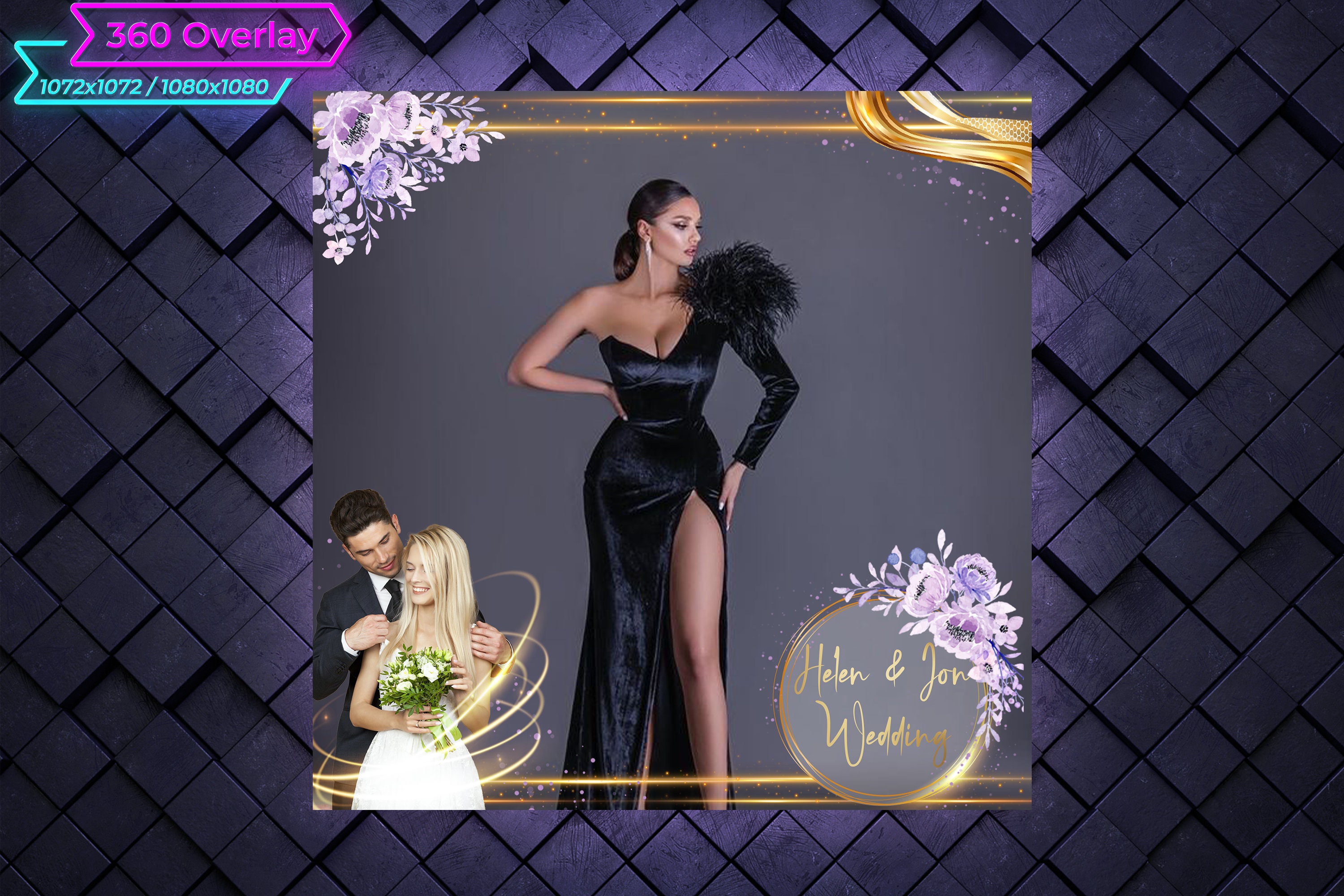 360 photo booth overlay, purple flowers and a gold frame, Image 2 of 3