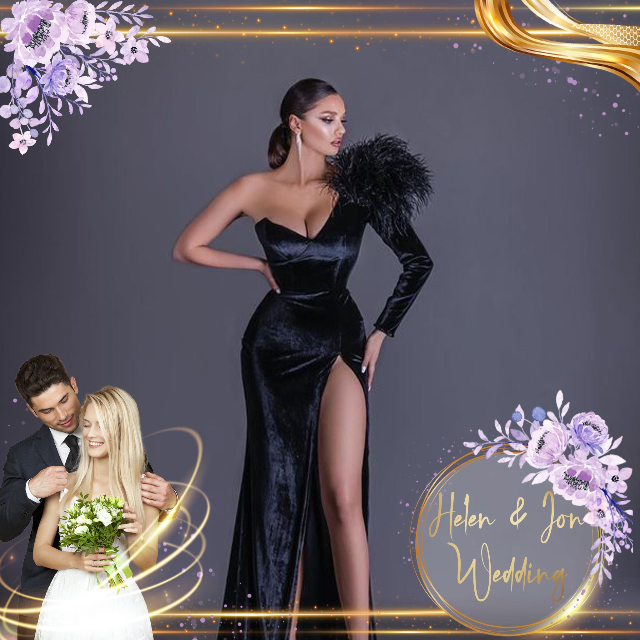 360 photo booth overlay, purple flowers and a gold frame, Image 1 of 3